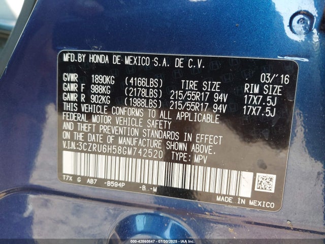 3CZRU6H58GM742520 Honda r18z9