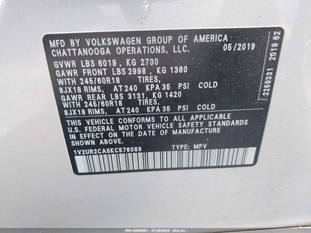 2019 VOLKSWAGEN ATLAS 1V2UR2CA5KC576089 Photo 8