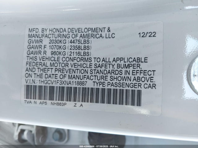 1HGCV1F3XNA118887 Honda l15be