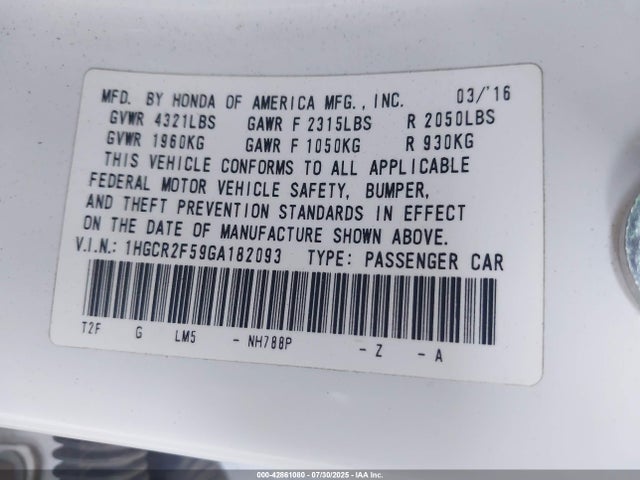 1HGCR2F59GA182093 Honda k24w1
