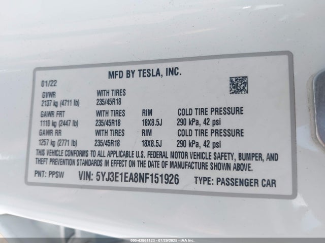 2022 TESLA MODEL 3 5YJ3E1EA8NF151926 Photo 8