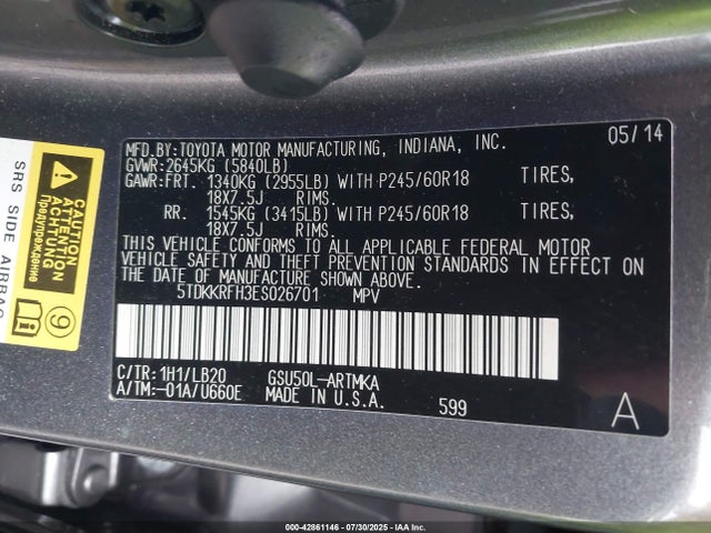 Toyota 2gr-fe 2014 5TDKKRFH3ES026701 Image 9