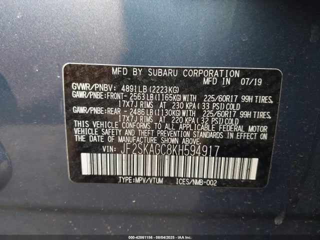 Subaru naturally aspirated u5 2019 JF2SKAGC8KH594917 Image 9