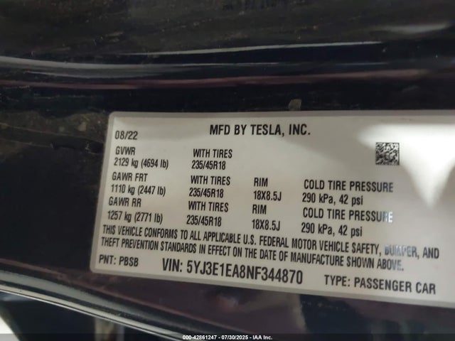 2022 TESLA MODEL 3 5YJ3E1EA8NF344870 Photo 8