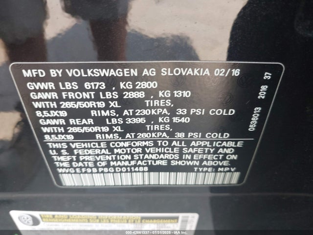 WVGEF9BP8GD011488 Volkswagen 2016