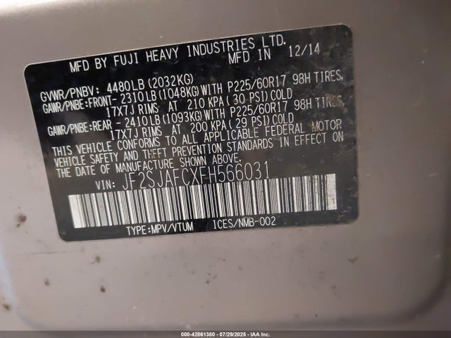 JF2SJAFCXFH566031 Subaru 2.5na u5