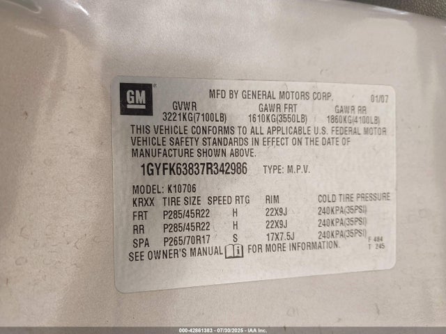 2007 CADILLAC ESCALADE 1GYFK63837R342986 Photo 8