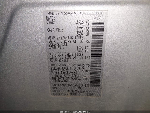 5N1AZ2BJ0MC143543 Nissan Murano