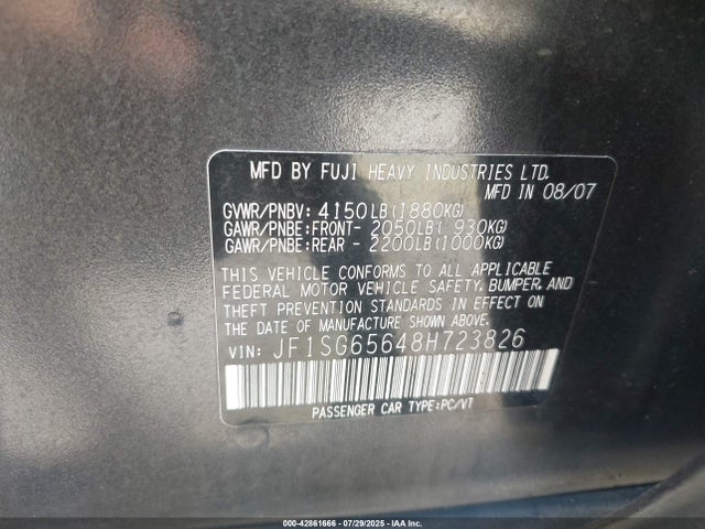 42861666 :رقم المزاد ، JF1SG65648H723826 vin ، 2008 Subaru Forester 2.5x مزاد بيع