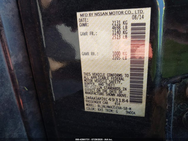 Nissan Maxima 2014 1N4AA5AP2EC493184 Image 9
