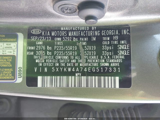 5XYKW4A74EG517331 KIA gasoline 3.3 v6 gdi lambda ii