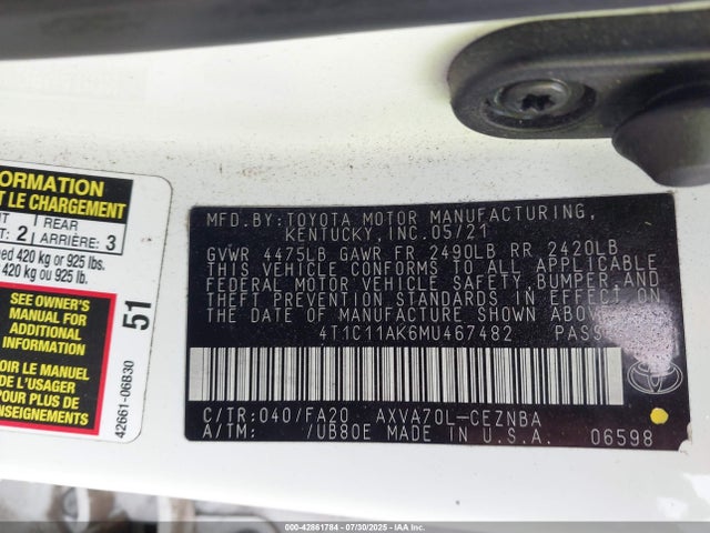 4T1C11AK6MU467482 Toyota a25a-fks