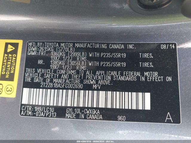 Lexus 2gr-fxe, 4jm 2015 2T2ZB1BA5FC002690 Image 9