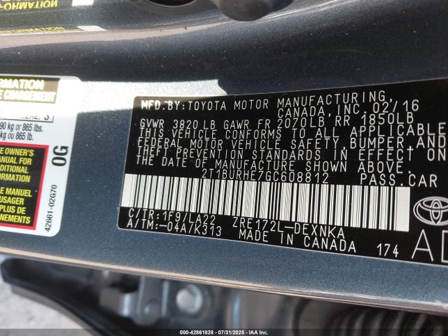 Toyota 2zr-fe 2016 2T1BURHE7GC608812 Image 9