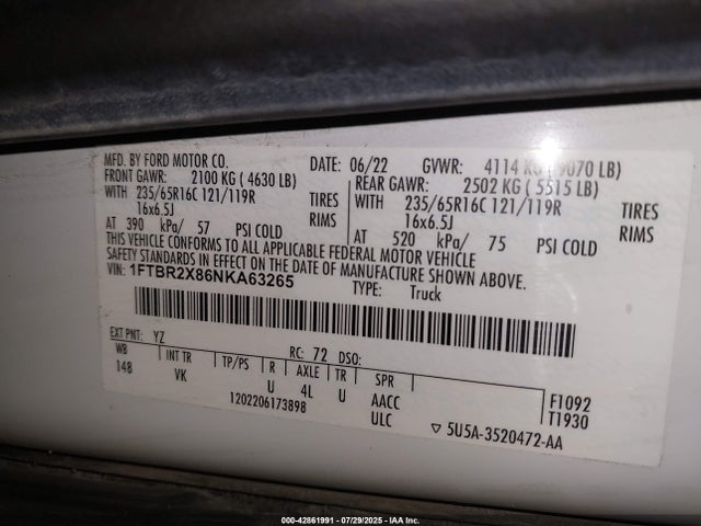 1FTBR2X86NKA63265 Ford 3.5l v6 cyclone