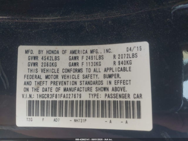 Honda j35y1 2015 1HGCR3F81FA027679 Image 9