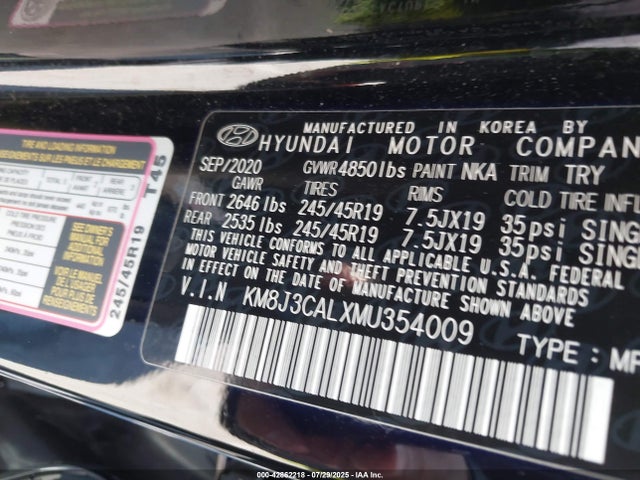 KM8J3CALXMU354009 Hyundai gdi theta ii