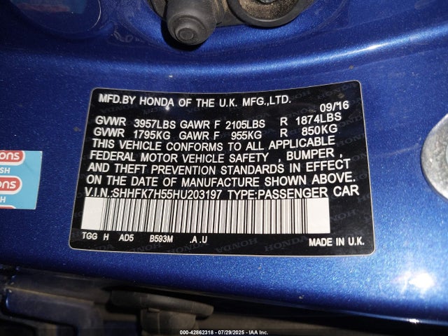 SHHFK7H55HU203197 Honda l15ba