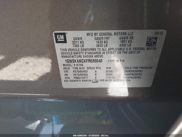 1GNSKAKCXFR688648 Chevrolet l83 - vvt, active fuel management, aluminum