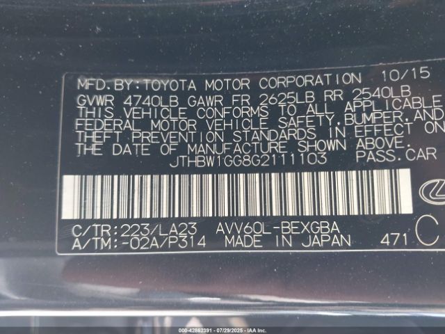 2016 LEXUS ES 300H JTHBW1GG8G2111103 Photo 8
