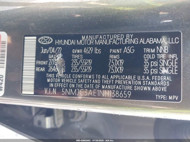 5NMJC3AE1NH138659 Hyundai gdi theta iii