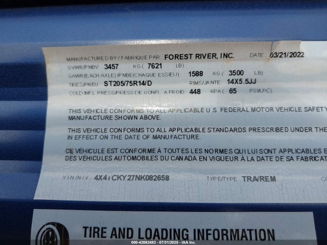 4X4TCKY27NK082658 Forest River Grey Wolf 23dbh