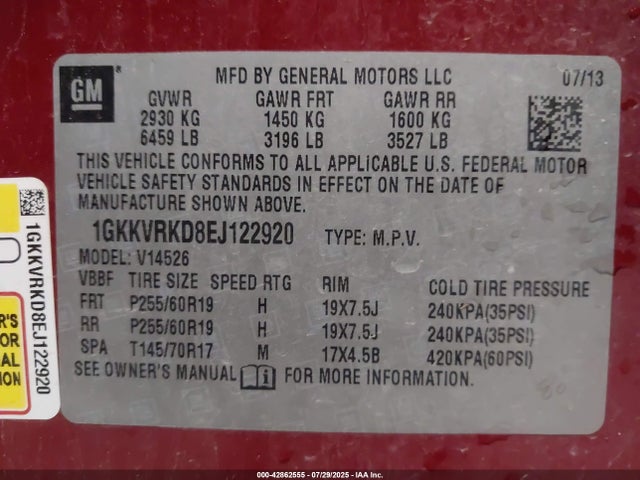1GKKVRKD8EJ122920 GMC llt