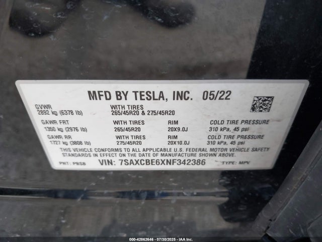 2022 TESLA MODEL X 7SAXCBE6XNF342386 Photo 8