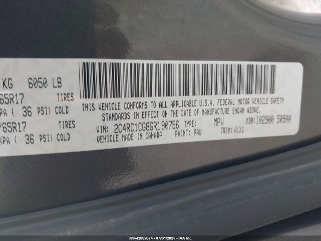 2C4RC1CG8GR190756 Chrysler Town and Country