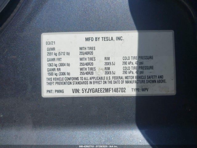 2021 TESLA MODEL Y 5YJYGAEE2MF148702 Photo 8