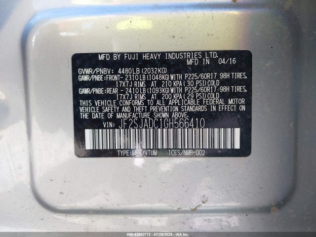 Subaru naturally aspirated u5 2016 JF2SJADC1GH566410 Image 9