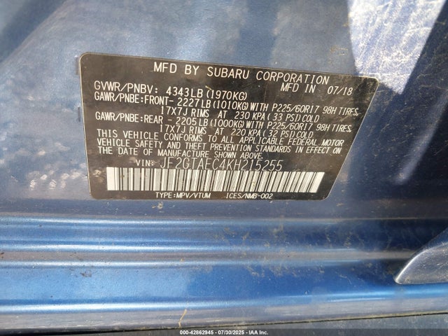 Subaru naturally aspirated 2019 JF2GTAEC4KH215255 Image 9
