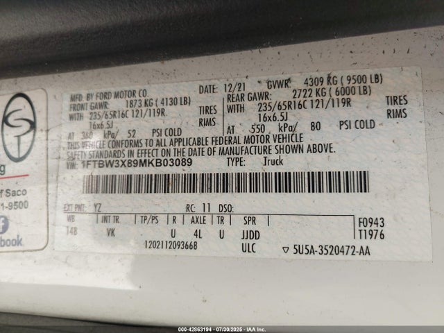 Ford 3.5l v6 cyclone 2021 1FTBW3X89MKB03089 Image 9