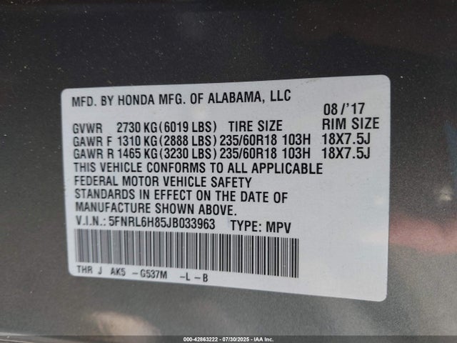 5FNRL6H85JB033963 Honda j35y7