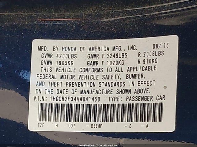 Honda k24w1 2017 1HGCR2F34HA041450 Image 9