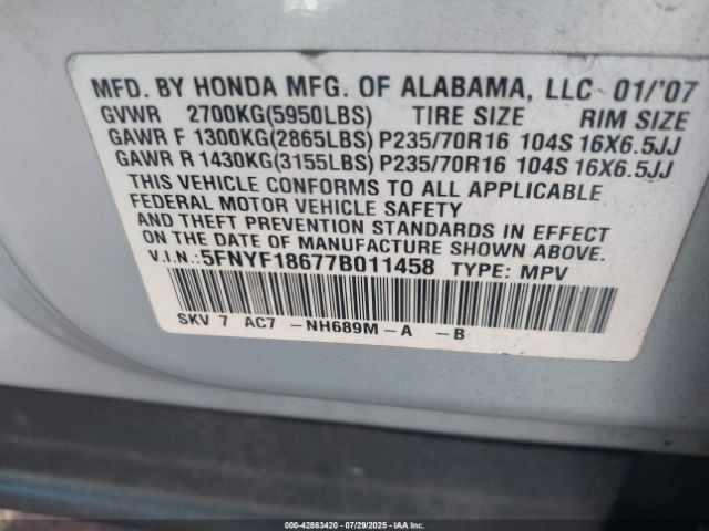 2007 HONDA PILOT 5FNYF18677B011458 Photo 8