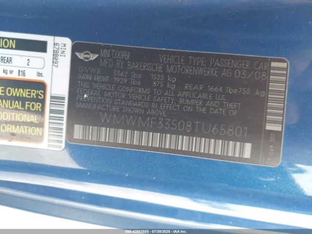 2008 MINI COOPER WMWMF33508TU65801 Photo 8