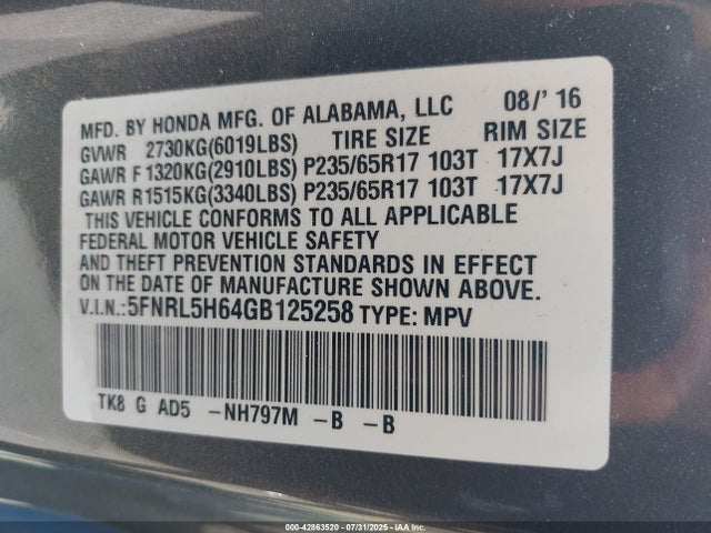5FNRL5H64GB125258 Honda j35z8