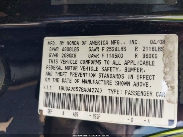 2008 ACURA TL 19UUA76578A042747 Photo 8