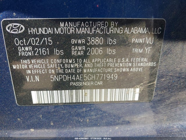 Hyundai dohc mpi nu 2016 5NPDH4AE5GH771949 Image 9