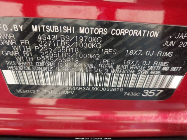 2019 MITSUBISHI OUTLANDER SPORT JA4AR3AUXKU033610 Photo 8