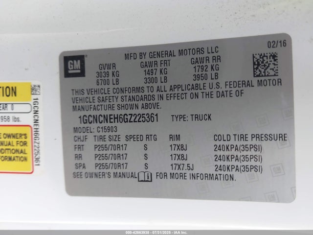 1GCNCNEH6GZ225361 Chevrolet lv3 - sidi, vvt, aluminum, e85 max