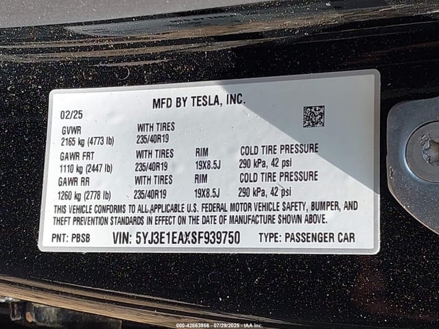 2025 TESLA MODEL 3 5YJ3E1EAXSF939750 Photo 8