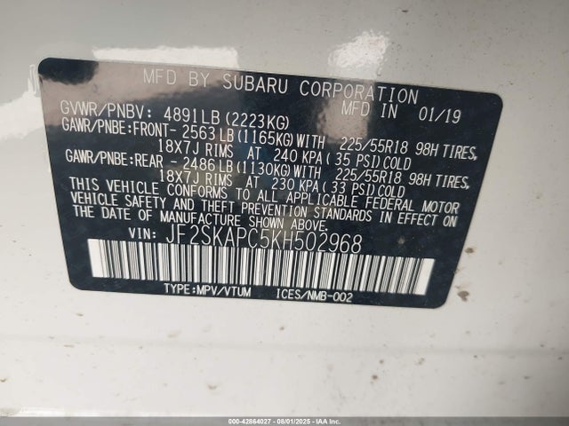 Subaru naturally aspirated u5 2019 JF2SKAPC5KH502968 Image 9