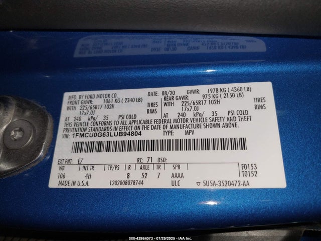1FMCU0G63LUB94804 Ford 2020