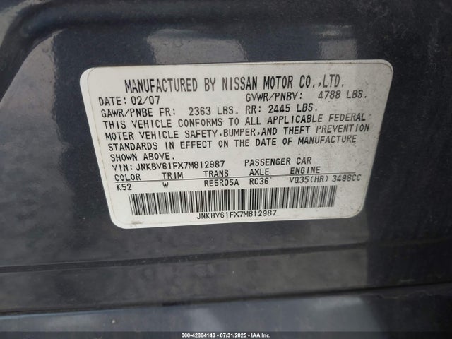 2007 Infiniti G35x მანქანა იყიდება აუქციონზე, vin: JNKBV61FX7M812987, აუქციონის ნომერი: 42864149