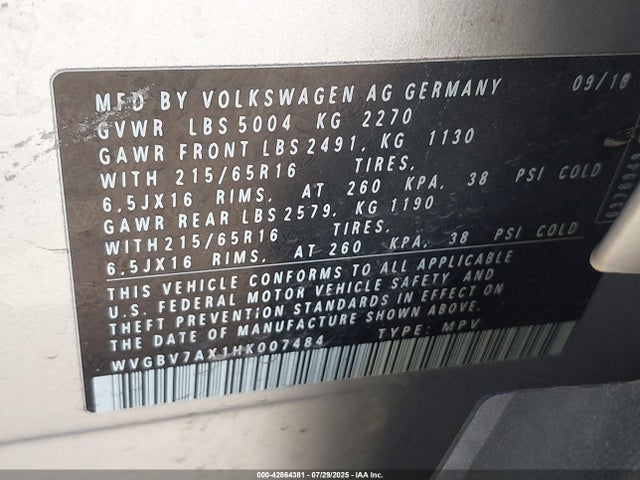 WVGBV7AX1HK007484 Volkswagen 2.0 tsi