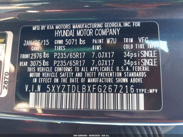5XYZTDLBXFG267216 Hyundai dohc gdi theta ii