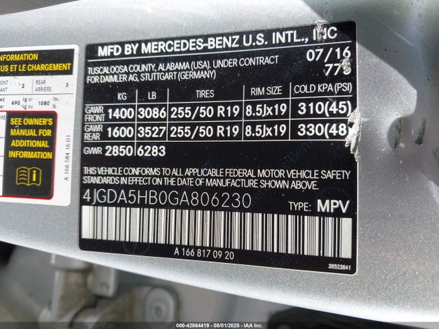 Aukcja sprzedaży 2016 Mercedes-benz Gle 350 4matic, vin: 4JGDA5HB0GA806230, numer aukcji: 42864419