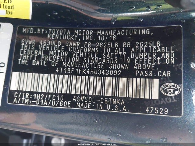 Toyota 2ar-fe 2017 4T1BF1FK4HU343092 Image 9